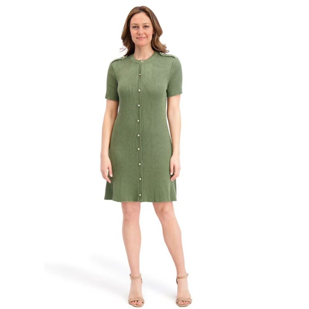 NEW Olive Sz Medium Stretchy Ribbed Knee Length Sweater Dress FRENCH CONNECTION